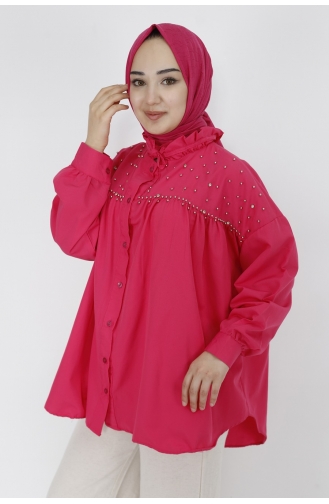 Yakasi Firfir Detayli Taşli Poplin Kumaş Gömlek 7120-03 Fuşya