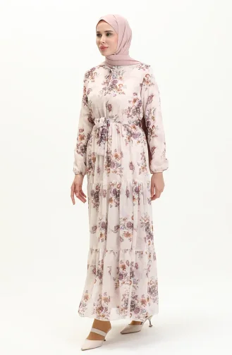 Desenli Şifon Elbise 91823-03 Krem