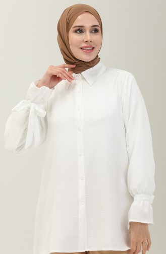 Kolları Bağlamalı Keten Tunik Beyaz