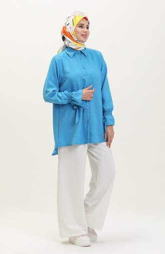 Kolları Bağlamalı Keten Tunik Mavi