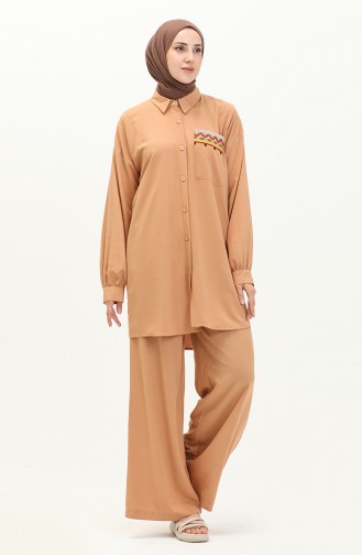 Embroidered Linen Two Piecee Suit 24Y8972A-06 Milky Coffee 24Y8972A-06