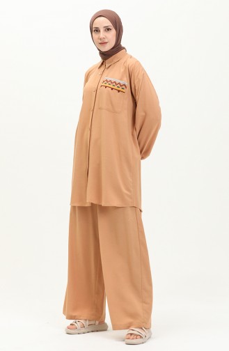 Embroidered Linen Two Piecee Suit 24Y8972A-06 Milky Coffee 24Y8972A-06