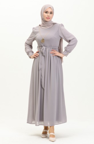 Kolyeli Şifon Elbise 3687-01 Gri