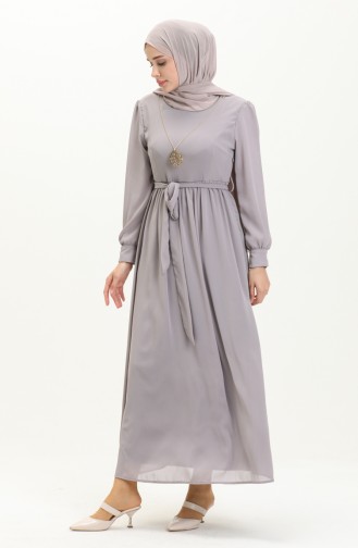 Kolyeli Şifon Elbise 3687-01 Gri