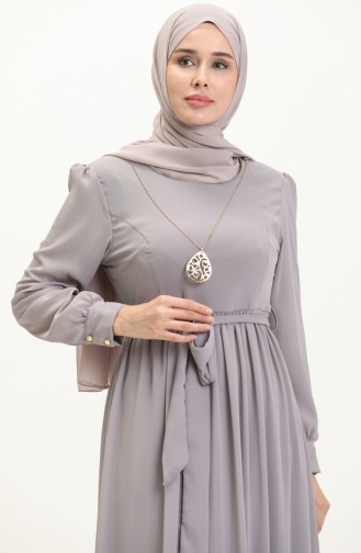 Kolyeli Şifon Elbise 3687-01 Gri
