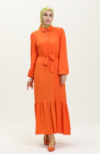 Bürümcük Kumaş Kuşaklı Elbise 4341-02 Oranj