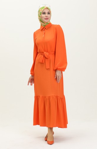 Bürümcük Kumaş Kuşaklı Elbise 4341-02 Oranj