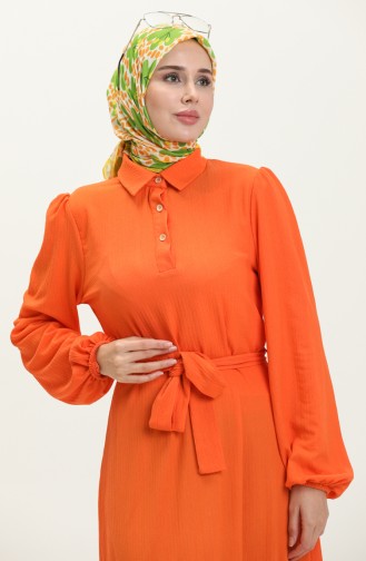 Bürümcük Kumaş Kuşaklı Elbise 4341-02 Oranj