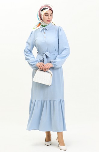 Bürümcük Kumaş Kuşaklı Elbise 4341-03 Bebe Mavisi