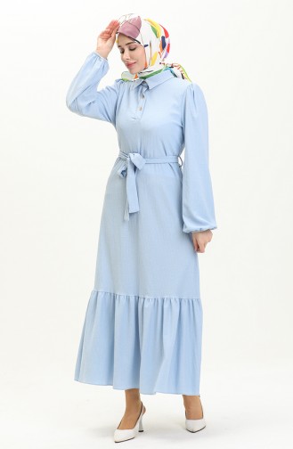 Bürümcük Kumaş Kuşaklı Elbise 4341-03 Bebe Mavisi