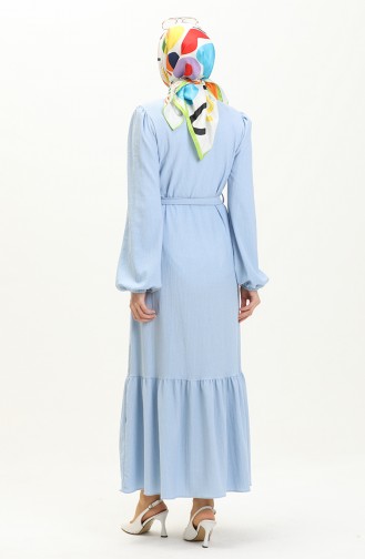 Bürümcük Kumaş Kuşaklı Elbise 4341-03 Bebe Mavisi