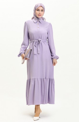 Bürümcük Kumaş Kuşaklı Elbise 4341-04 Lila