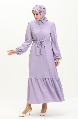 Bürümcük Kumaş Kuşaklı Elbise 4341-04 Lila