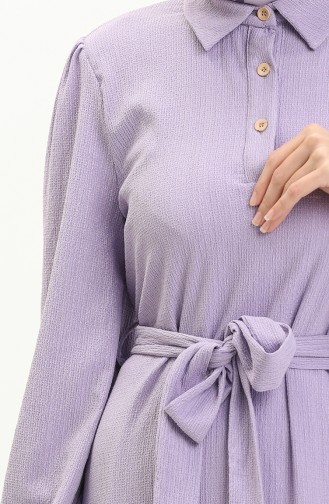 Bürümcük Kumaş Kuşaklı Elbise 4341-04 Lila