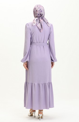 Bürümcük Kumaş Kuşaklı Elbise 4341-04 Lila