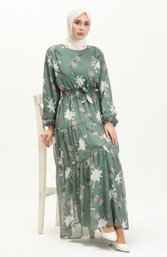 Desenli Kuşaklı Şifon Elbise 7006-12 Haki Yeşil