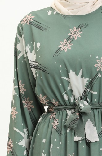 Desenli Kuşaklı Şifon Elbise 7006-12 Haki Yeşil