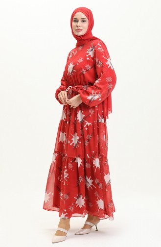 Desenli Kuşaklı Şifon Elbise 7006-14 Kırmızı