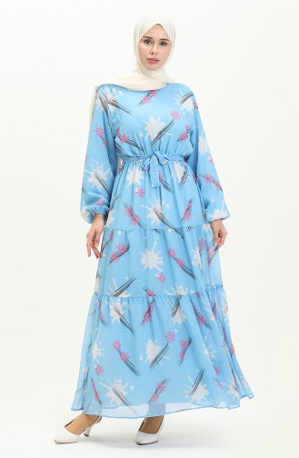Printed Belted Chiffon Dress 7006-15 Blue Ecru 7006-15