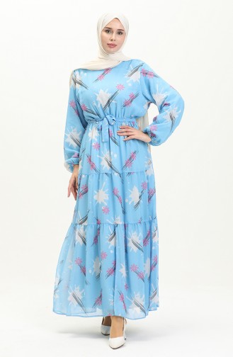 Printed Belted Chiffon Dress 7006-15 Blue Ecru 7006-15