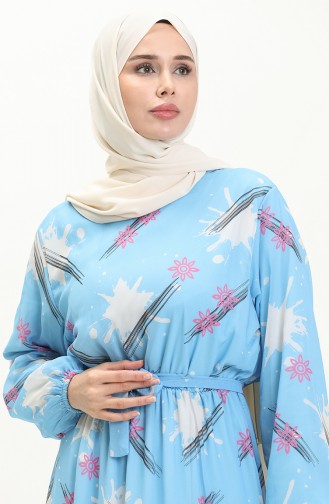 Printed Belted Chiffon Dress 7006-15 Blue Ecru 7006-15
