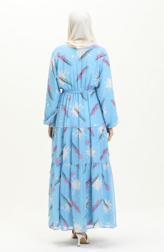 Printed Belted Chiffon Dress 7006-15 Blue Ecru 7006-15