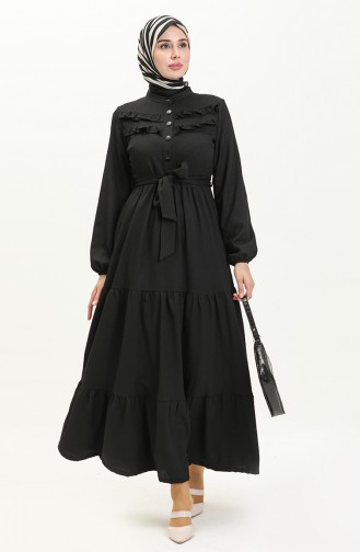 Fırfırlı Düğme Detaylı Kuşaklı Elbise 11m08 11m08-03 Siyah