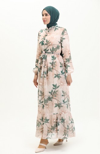 Printed Belted Chiffon Dress 81815-05 Emerald Green 81815-05