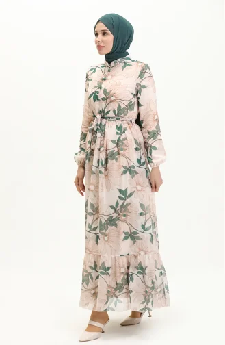 Gemustertes Chiffonkleid mit Gürtel 81815-05 Smaragdgrün 81815-05
