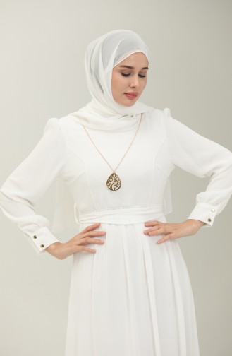 Kolyeli Şifon Elbise 3687-04 Beyaz