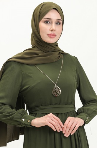 فستان شيفون بقلادة 3687-11  أخضر عسكري 3687-11