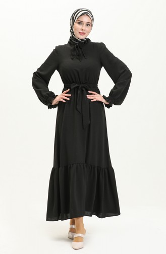Aerobin Stoff gerafftes Kleid mit Gürtel 40155-03 Schwarz 40155-03