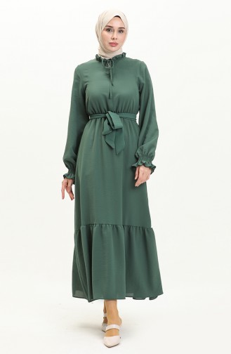 Aerobin Stoff gerafftes Kleid mit Gürtel 40155-06 Smaragdgrün 40155-06