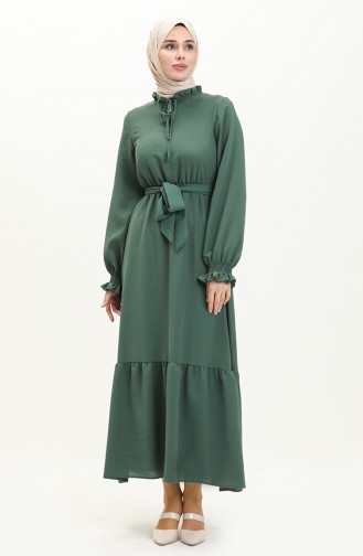 Aerobin Stoff gerafftes Kleid mit Gürtel 40155-06 Smaragdgrün 40155-06
