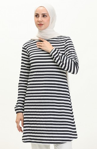 Elastic Sleeve Striped Tunic 8611-01 Navy Blue 8611-01
