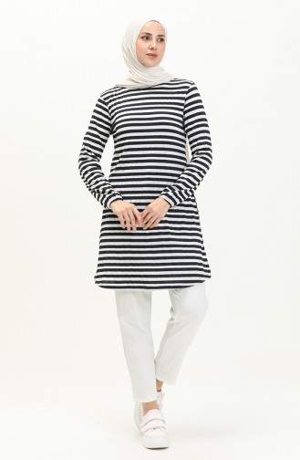 Elastic Sleeve Striped Tunic 8611-01 Navy Blue 8611-01