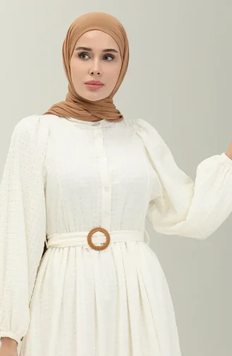 Pötükare Desenli Kuşaklı Elbise Ekru