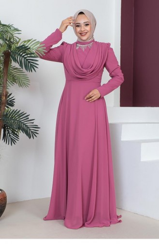 Kolyeli Tesettür Abiye Pembe