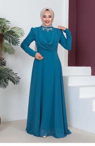 Petrol Blue Hijab Evening Dress 6076SMR.PTR
