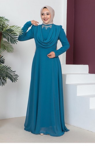 Petrol Blue Hijab Evening Dress 6076SMR.PTR
