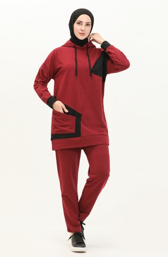 Pocketed Color Garnish Tracksuit Set 3001-02 Claret Red 3001-02