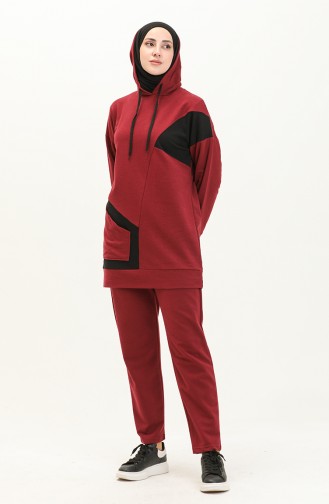 Pocketed Color Garnish Tracksuit Set 3001-02 Claret Red 3001-02