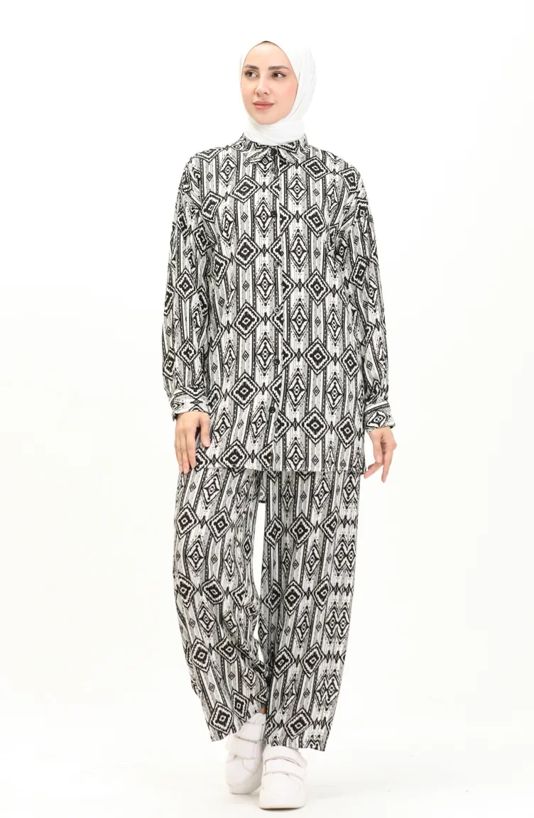 Viscose Fabric Patterned Tunic Trousers Double Suit 24Y2011-02 Black 24Y2011-02
