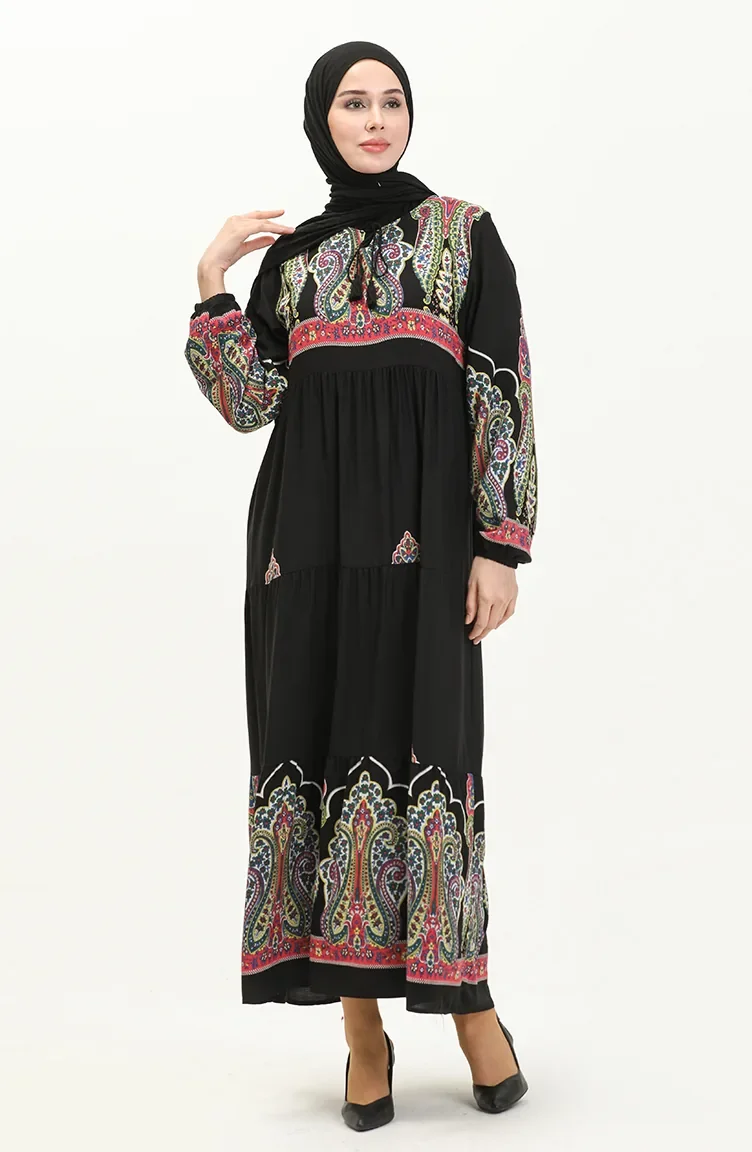 Gemustertes Viskosekleid 4073-01 Schwarz 4073-01
