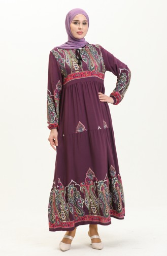 Desenli Viskon Elbise 4073-06 Mor