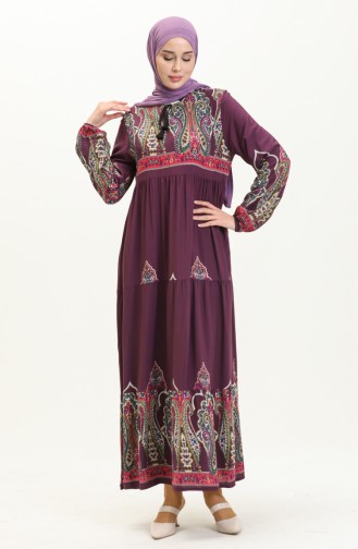 Desenli Viskon Elbise 4073-06 Mor