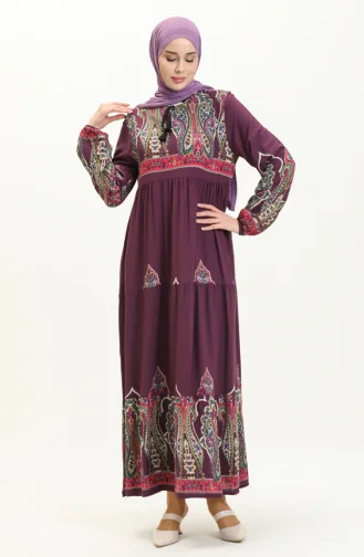 Desenli Viskon Elbise 4073-06 Mor