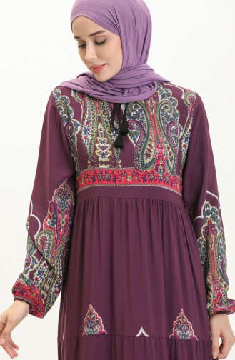 Desenli Viskon Elbise 4073-06 Mor