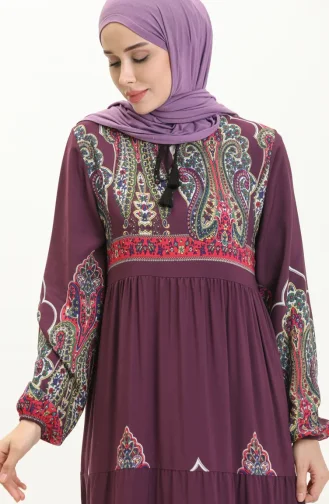 Desenli Viskon Elbise 4073-06 Mor