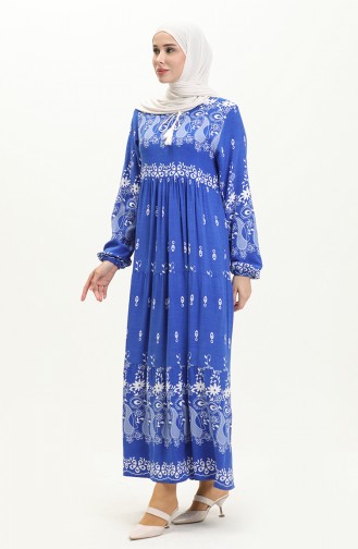 فستان فيسكوز بنقش أزهار 4107-01 أزرق ملكي 4107-01